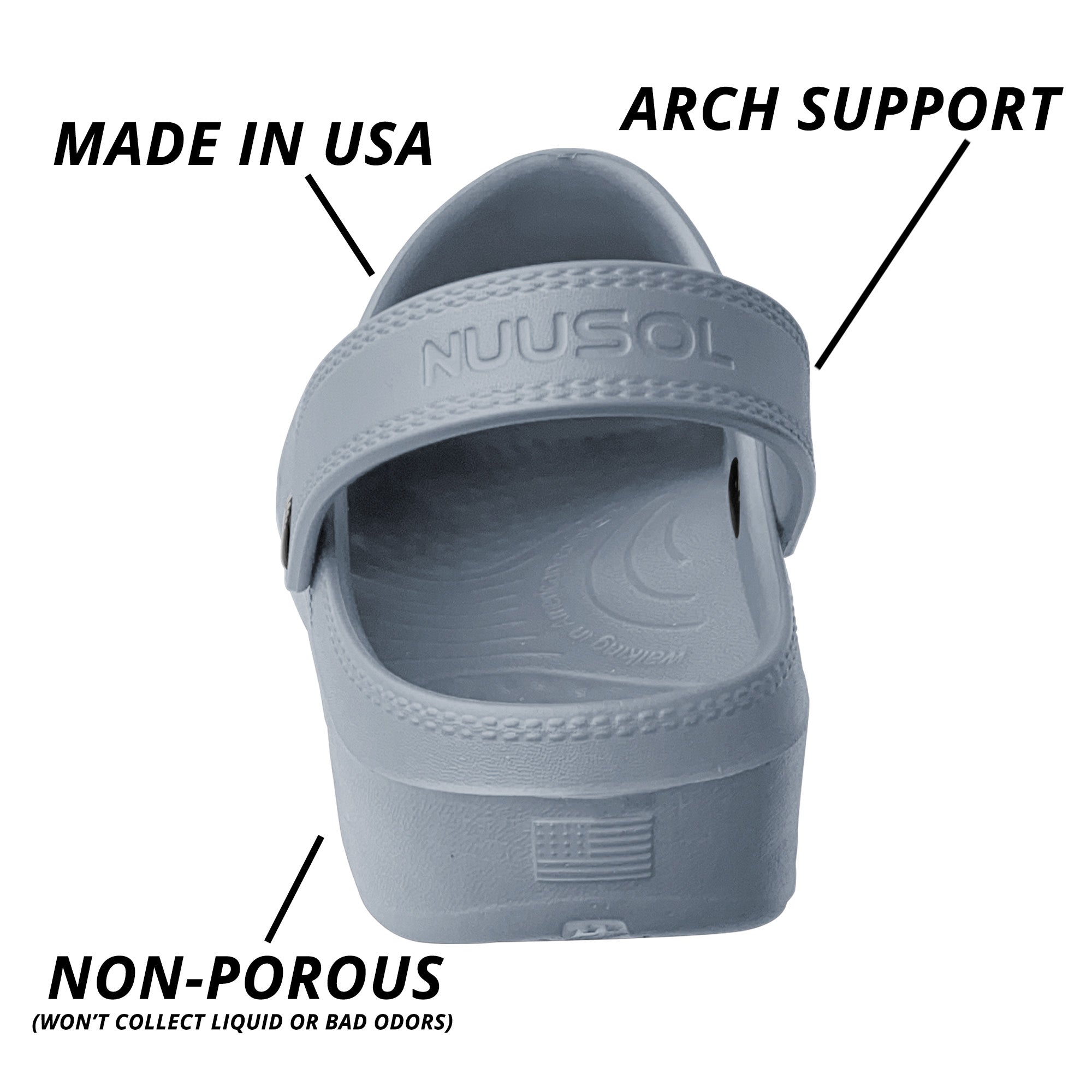 NuuSol Women's McCall Recovery Clog, NuuSol Men's McCall Recovery Clog, NuuSol Kid's McCall Recovery Clog. Unisex design. The most comfortable clog in the world, proudly Made In USA.