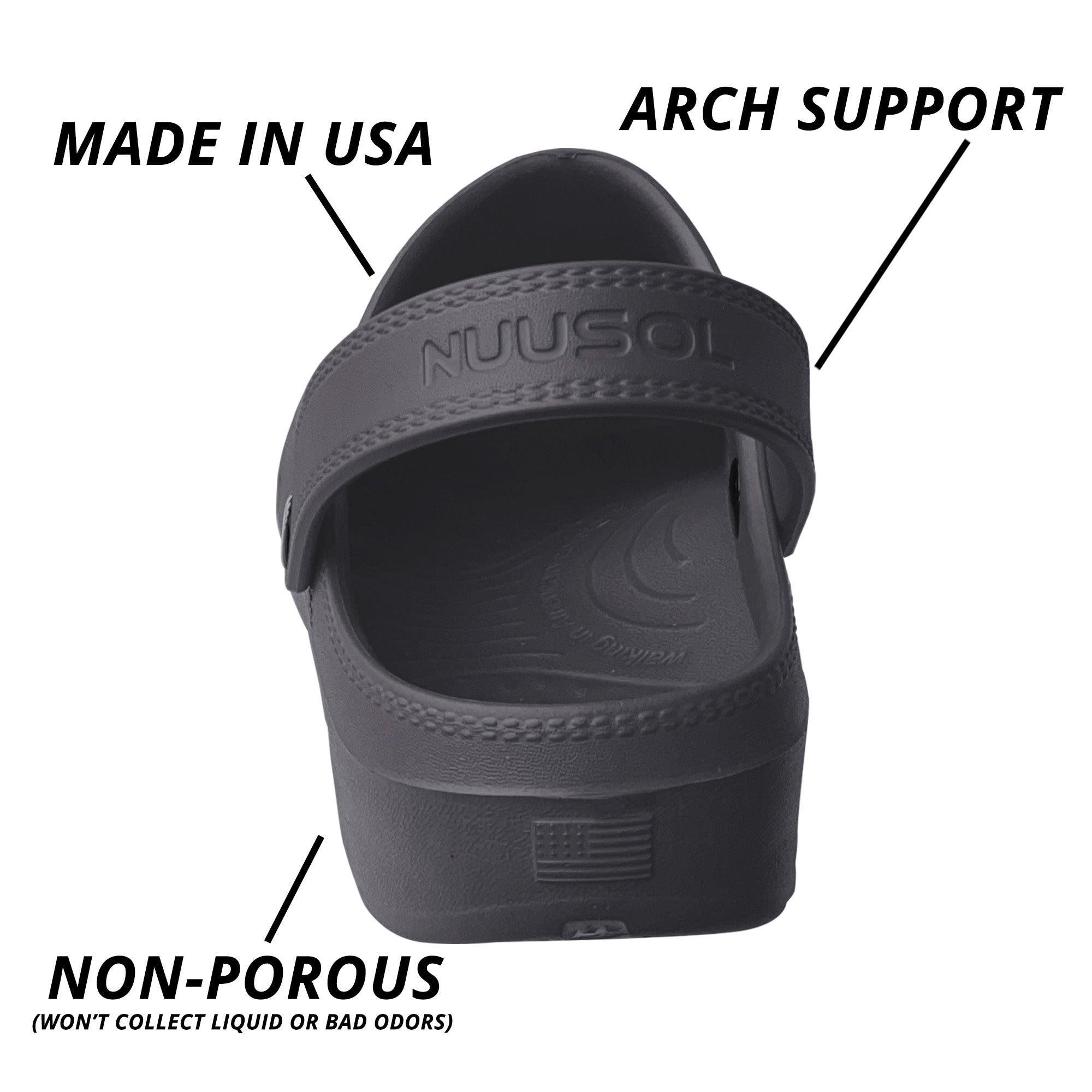 NuuSol Women's McCall Recovery Clog, NuuSol Men's McCall Recovery Clog, NuuSol Kid's McCall Recovery Clog. Unisex design. The most comfortable clog in the world, proudly Made In USA.