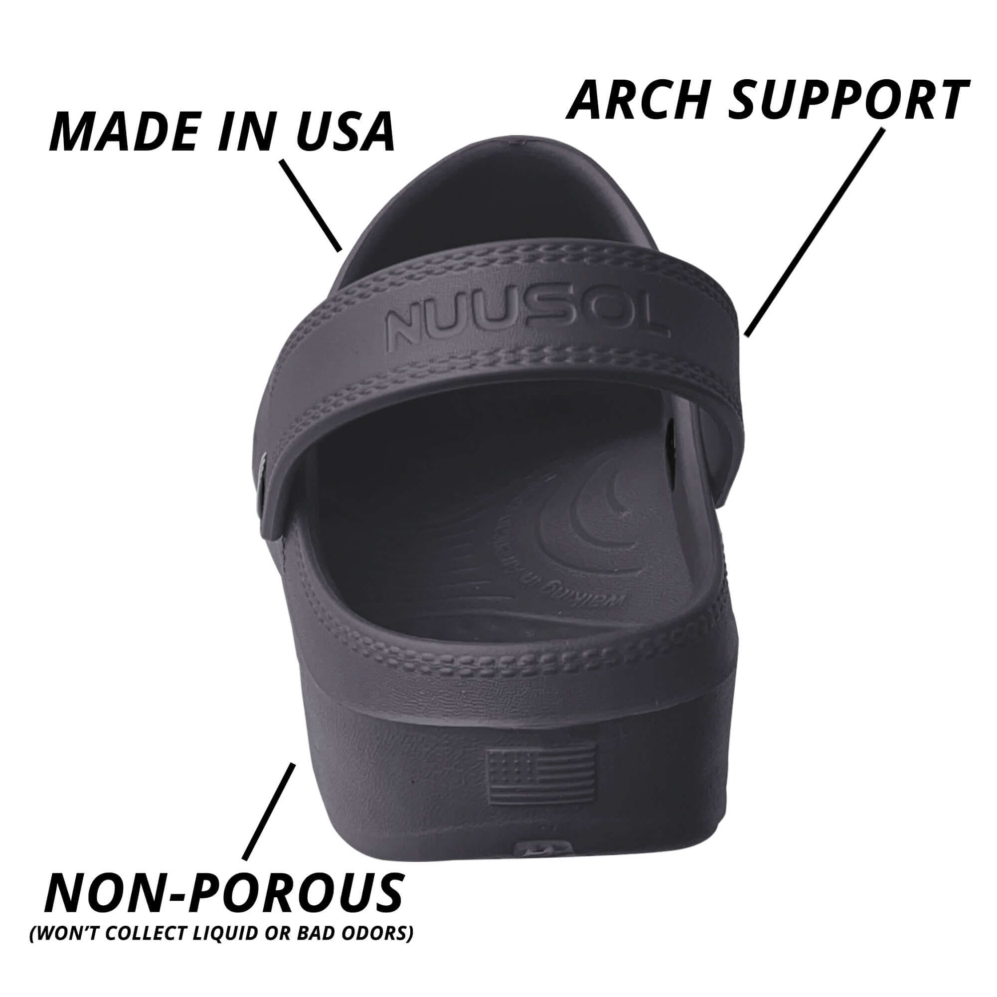 NuuSol Women's McCall Recovery Clog, NuuSol Men's McCall Recovery Clog, NuuSol Kid's McCall Recovery Clog. Unisex design. The most comfortable clog in the world, proudly Made In USA.