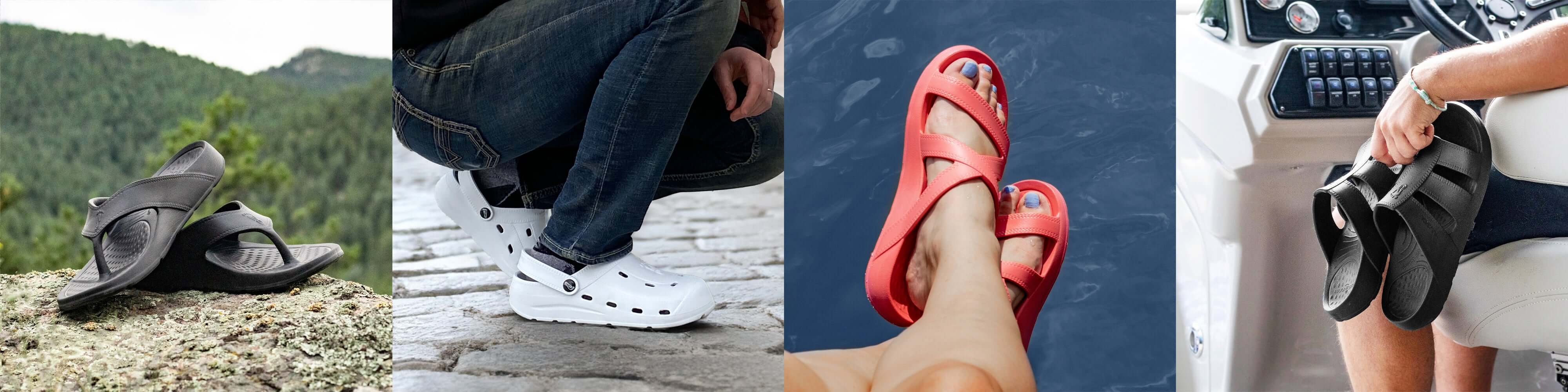 A display of various stylish comfortable sandals collection in outdoor and indoor settings.