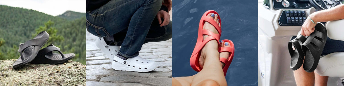A display of various stylish comfortable sandals collection in outdoor and indoor settings.