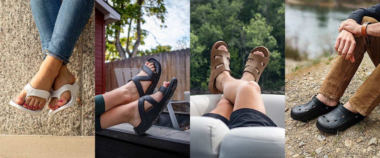 NuuSol All Styles in lifestyle images, Cascade Flip Flop, Hailey Slide, Stanley Slide, McCall Clog